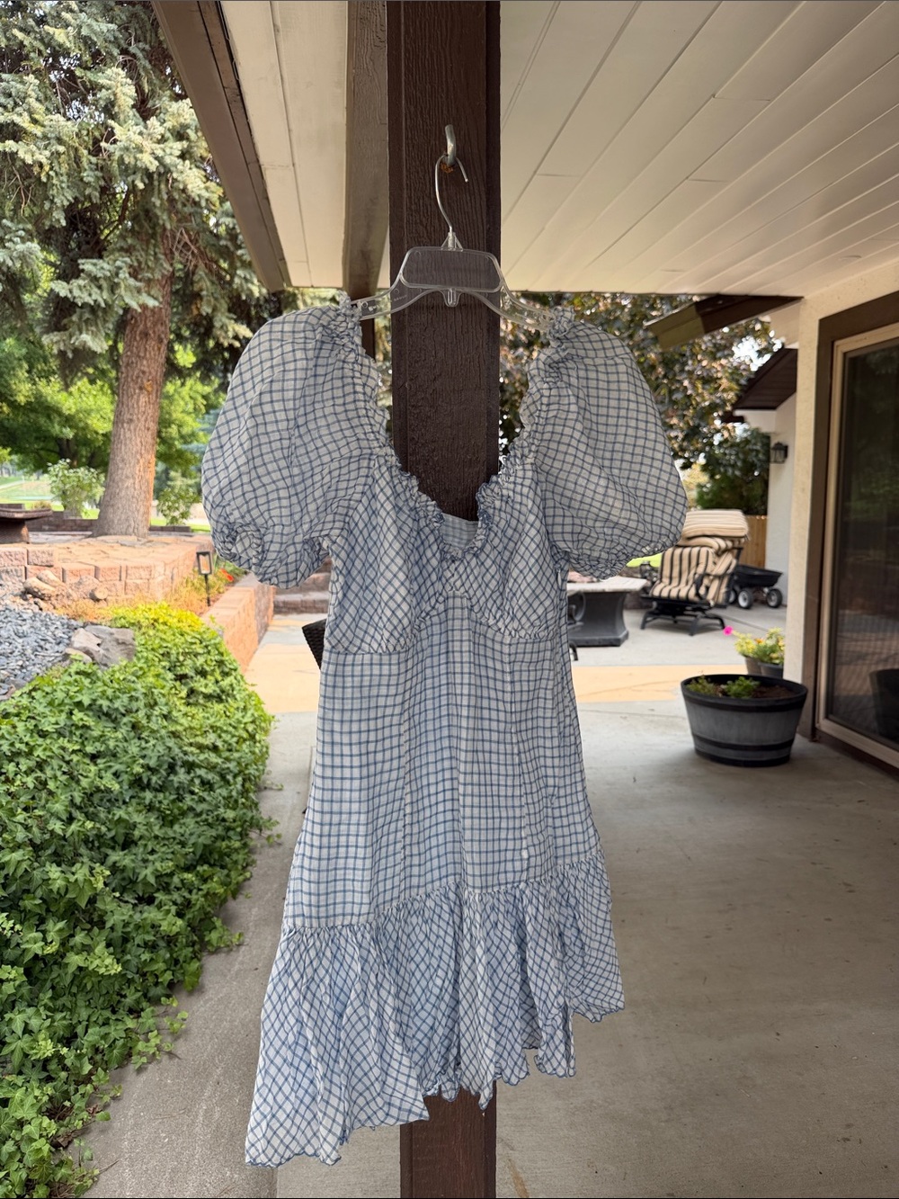LoveShackFancy Blue Checked Puff-Sleeve Mini Dress